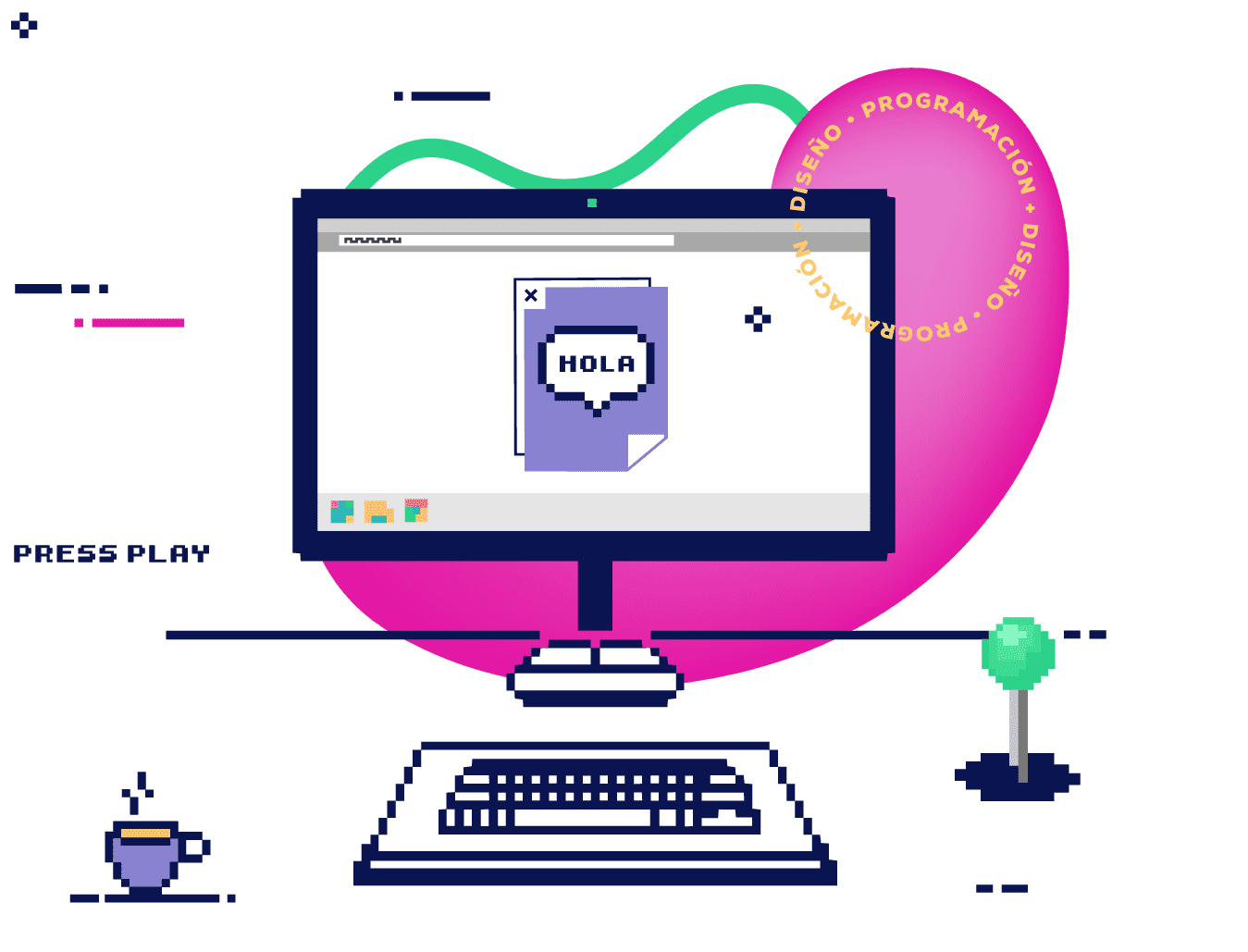 Ilustración pixelada del equipo Omatic trabajando en proyectos digitales